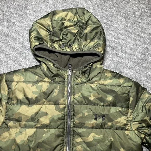 Under Armour Storm Jacket Youth L Green Camo Hooded Puffer Full Zip Reversible - Picture 3 of 12